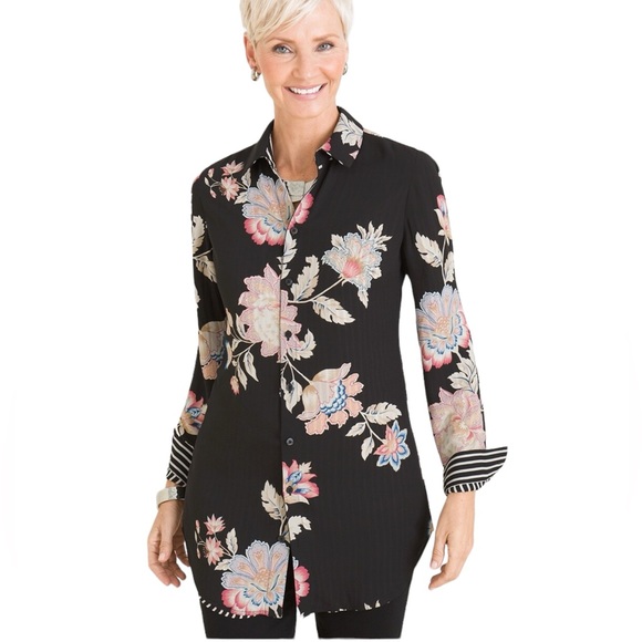 Chico's Reversible Long Sleeve Black Stripe Floral Button Up Blouse. - Picture 3 of 16